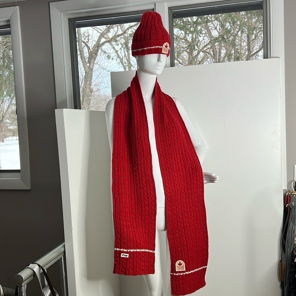 Pajar Red 2 Piece Cable Knit 80” Scarf and Knit Hat Set